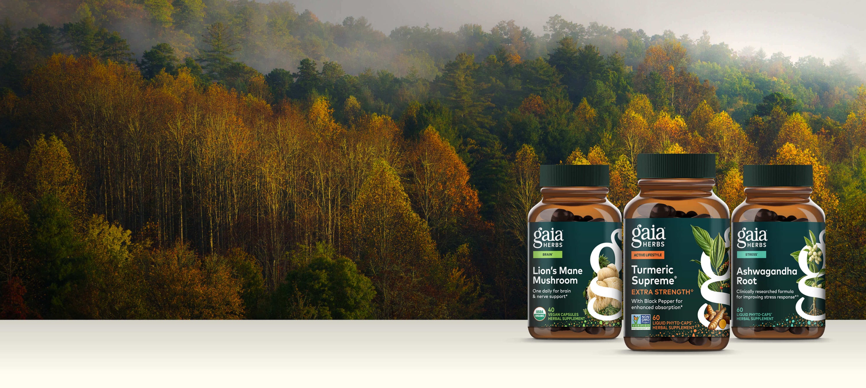 Three bottles of Gaia Herbs on a white surface with a forest background