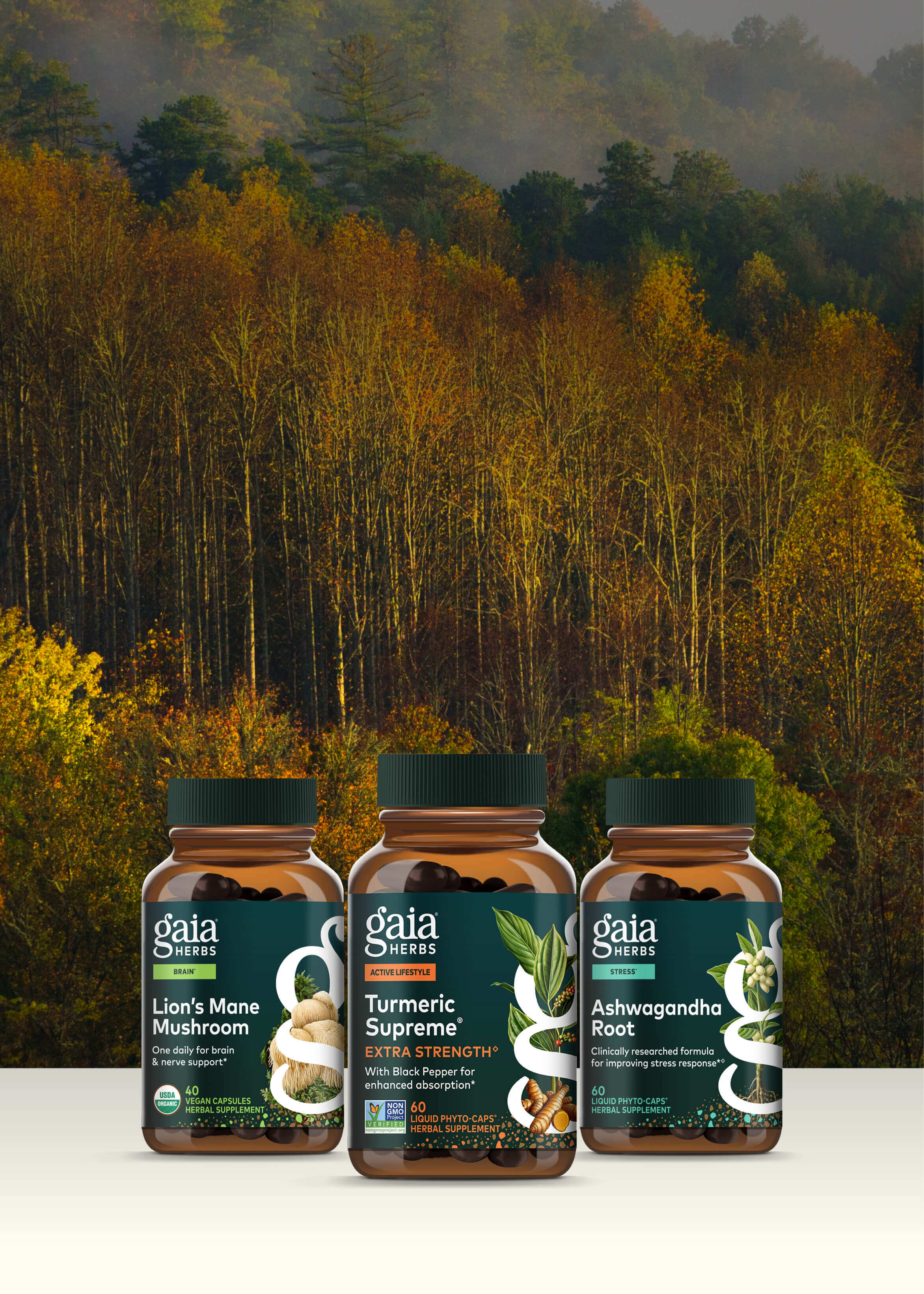 Three bottles of gaia Herbs supplements with a forest background