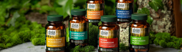 bottles of different types of gaia herbs mushroom blend supplements with moss in background