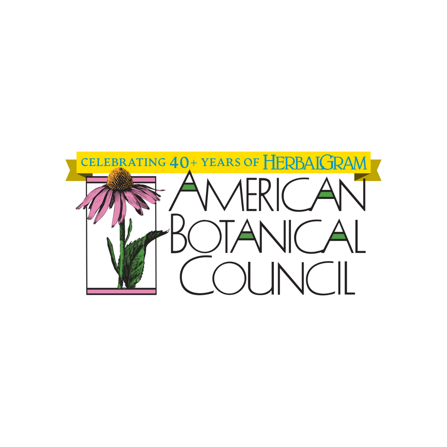 American Botanical Council logo celebrating 40 years of HerbalGram with a pink flower and green leaves.