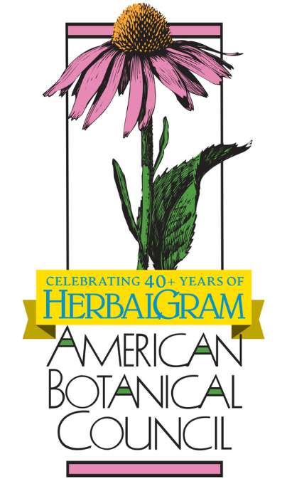 Advertisement for American Botanical Council's Herbaigram celebrating 40+ years with a pink flower illustration.