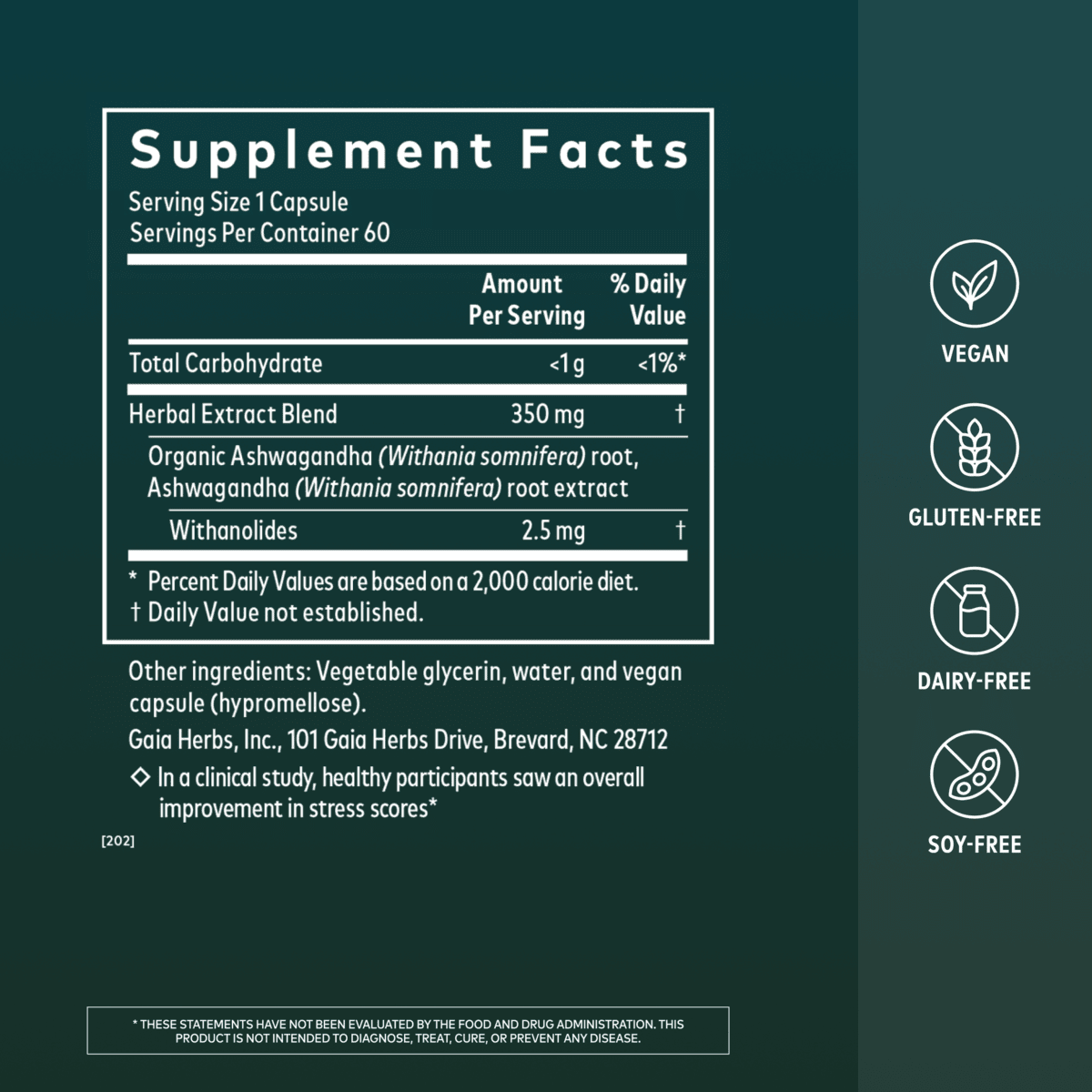 Gaia Herbs Ashwagandha Root Pill for Stress Support || 60 ct Supplement Facts