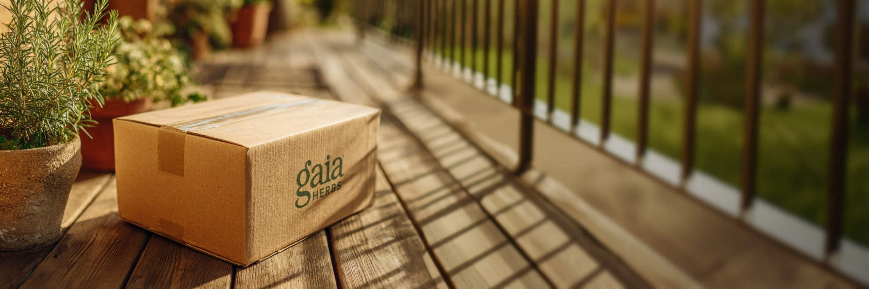 A brown cardboard shipping box with the Gaia Herbs logo printed on the side, sitting on a wooden deck next to potted plants with a blurred balcony railing and greenery in the background.