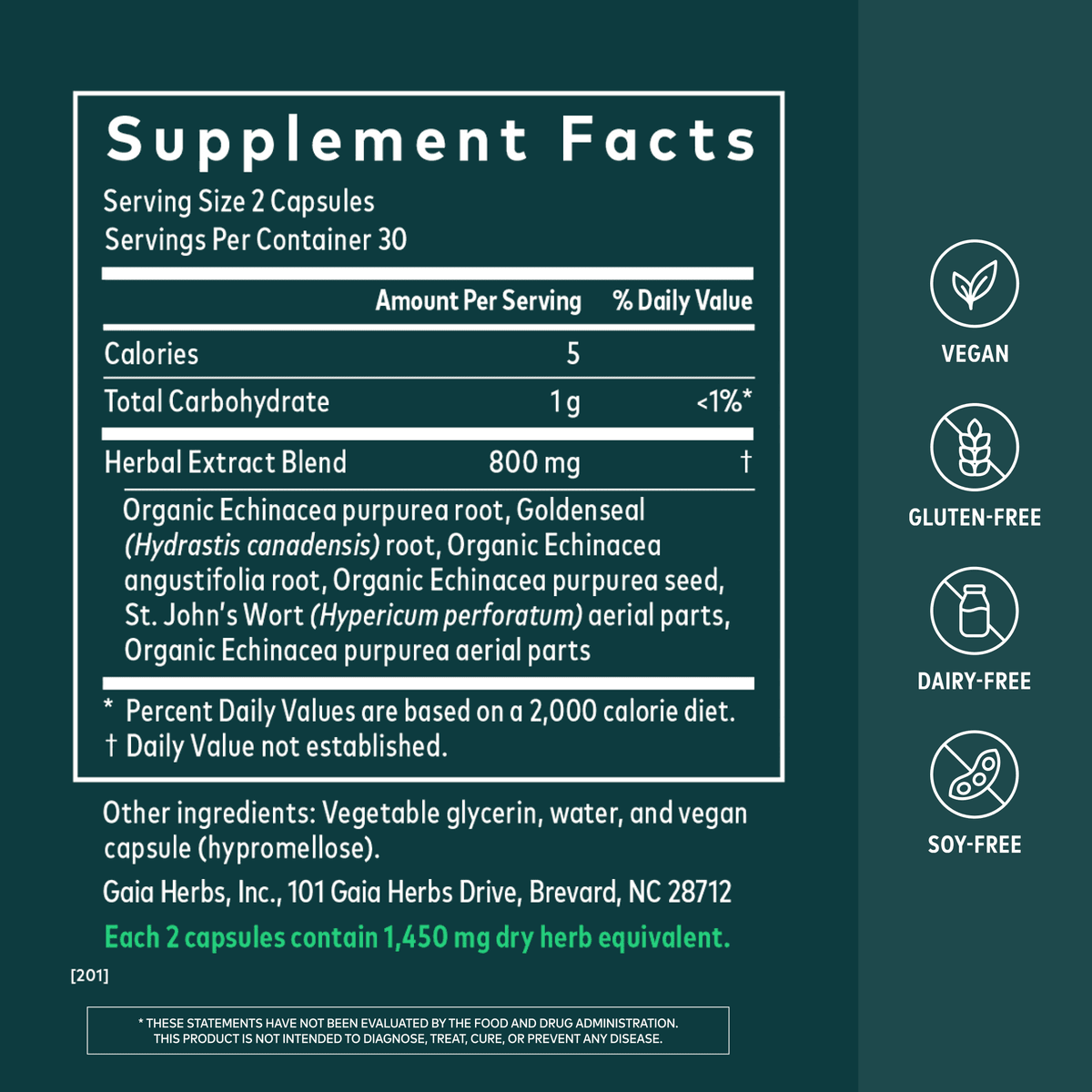 Gaia Herbs Echinacea Goldenseal 60 count Supplement Facts