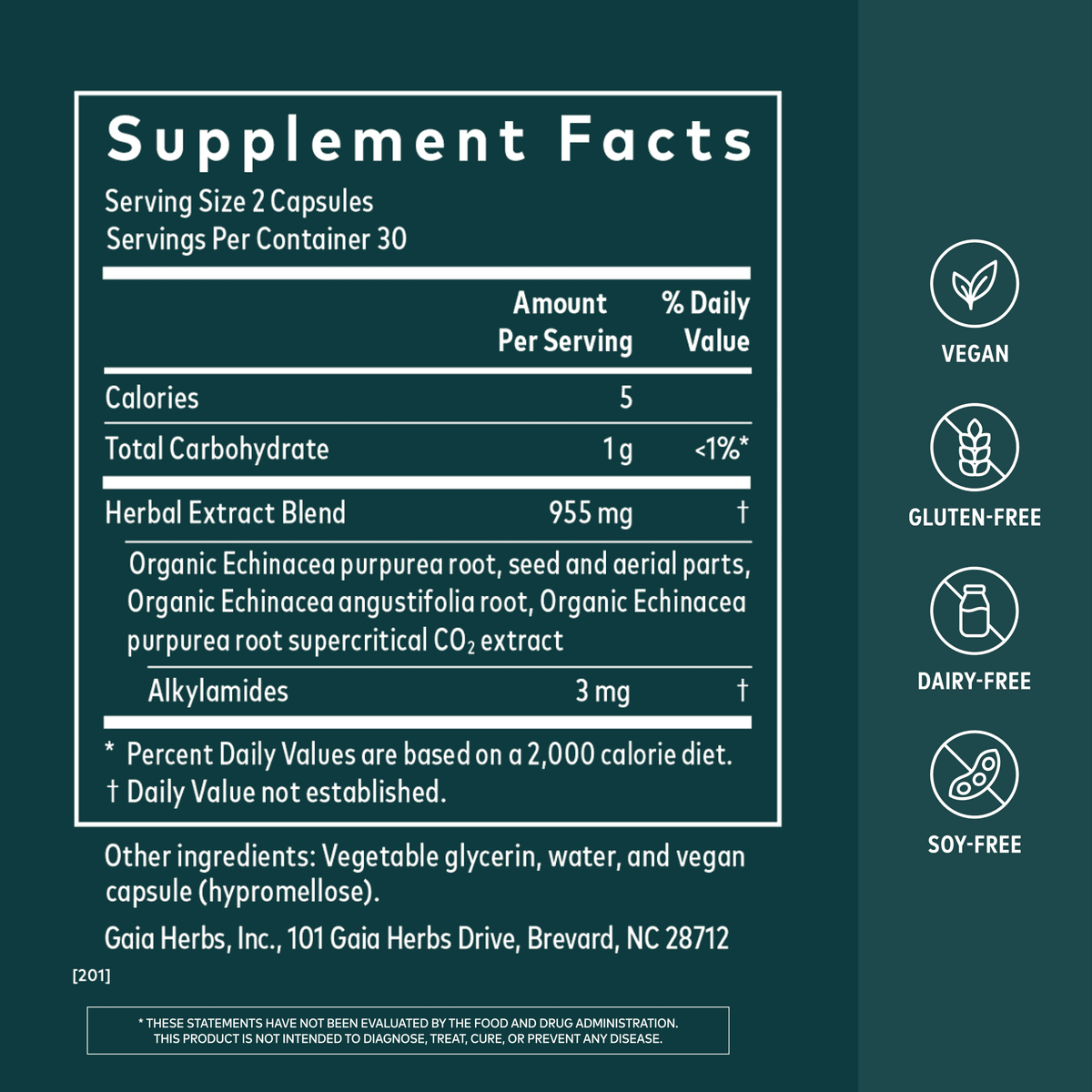 Gaia Herbs Echinacea Supreme for Immune Support || 60 ct Supplement Facts Bottle Panel