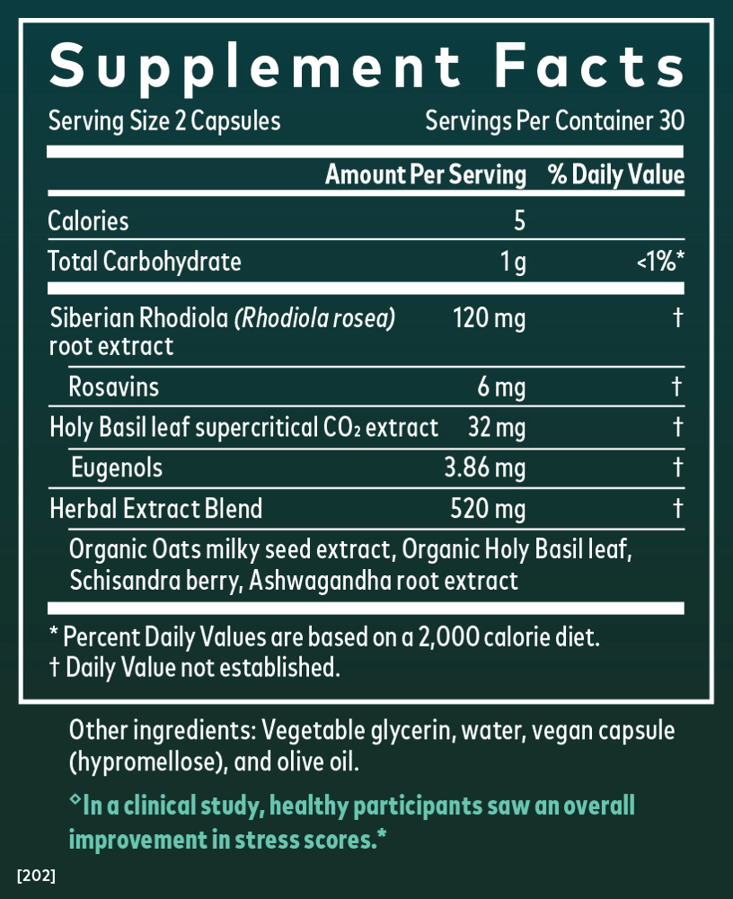 Gaia Herbs Adrenal Health Daily Support for Stress Support || 60 ct Supplement Facts Panel