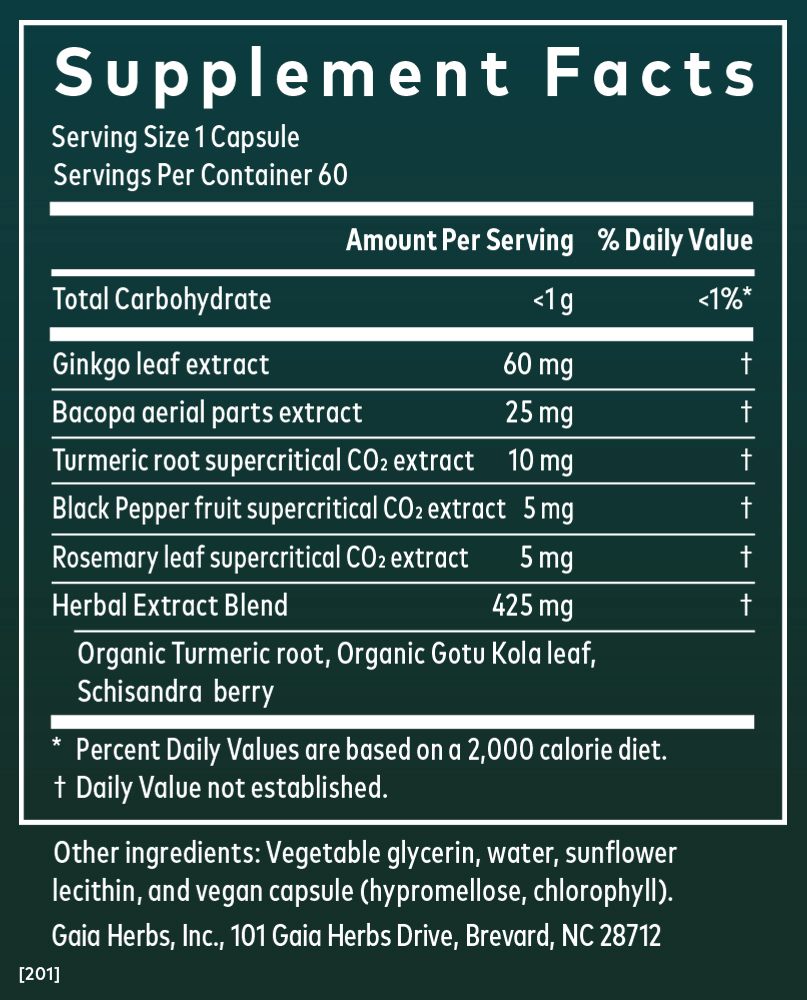 Gaia Herbs Agile Mind for Brain & Cognitive Support || 60 ct Supplement Facts Panel