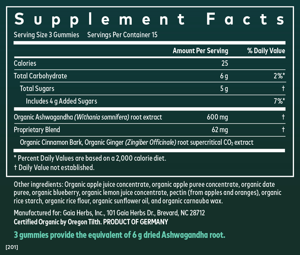 Gaia Herbs Ashwagandha Gummies || 45 ct Supplement Facts Panel