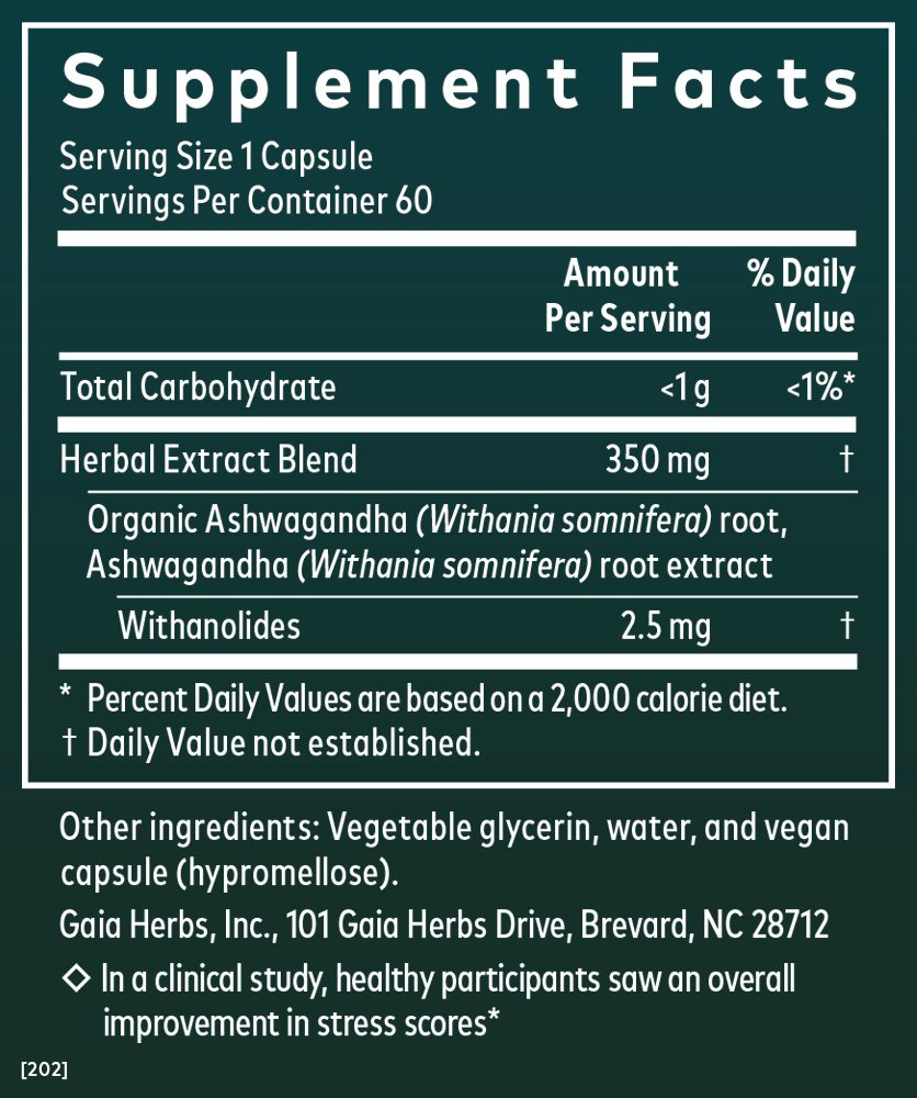 Gaia Herbs Ashwagandha Root Pill for Stress Support || 60 ct Supplement Facts Panel