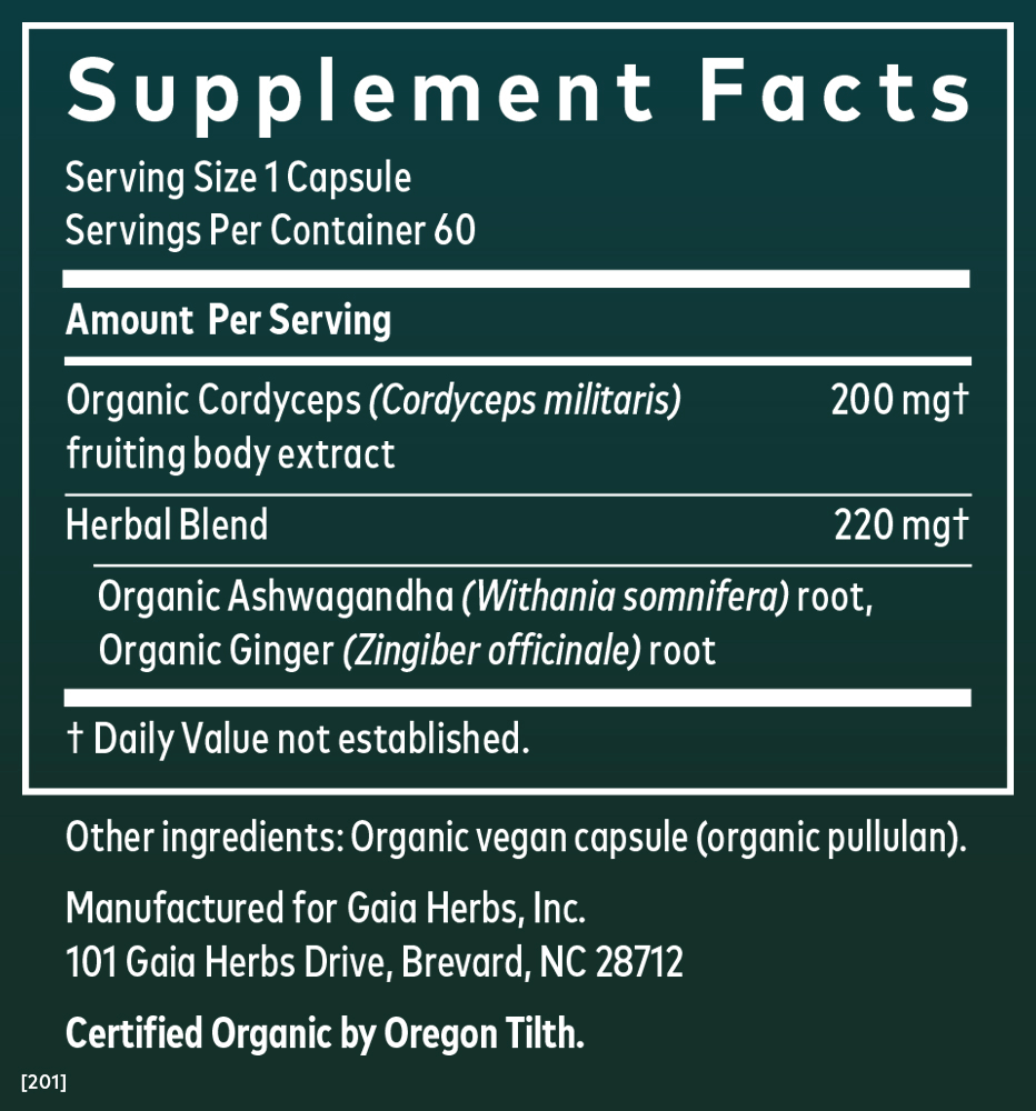 Gaia Herbs Ashwagandha & Cordyceps (Formerly Adaptogen Performance Mushrooms & Herbs) for Energy Support || 60 ct Supplement Facts Panel
