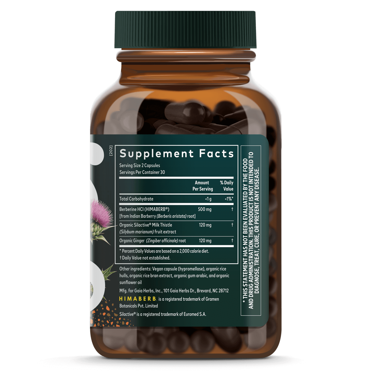 Gaia Herbs Berberine & Milk Thistle for Active Lifestyle || 60 ct Supplement Facts Bottle Panel