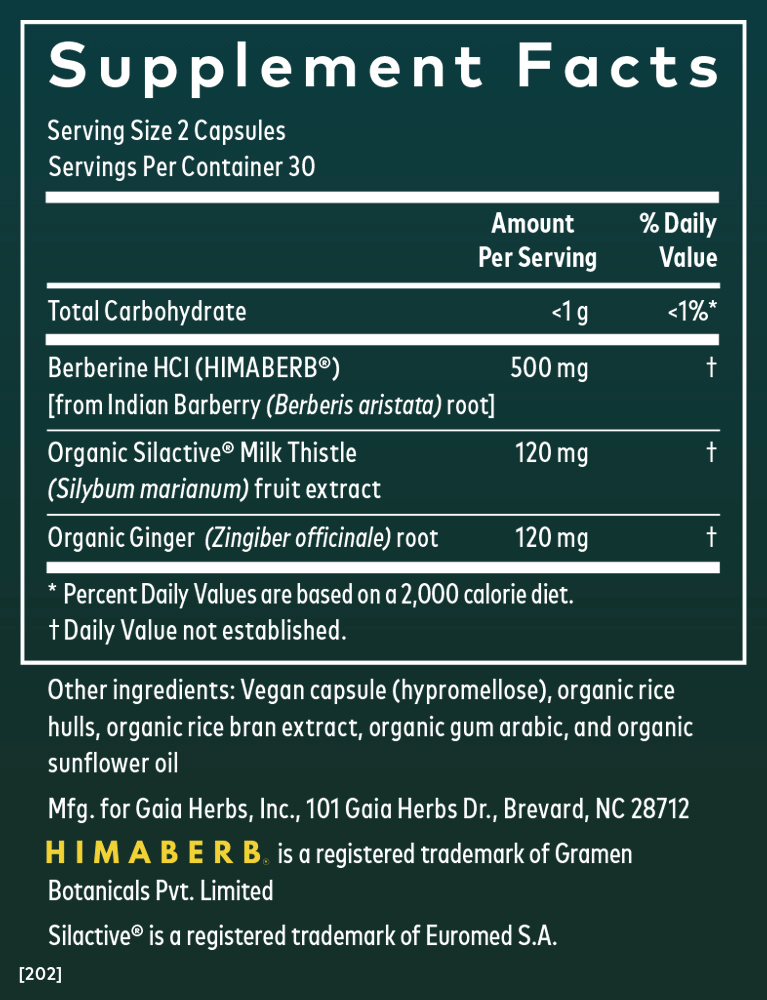 Gaia Herbs Berberine & Milk Thistle for Active Lifestyle || 60 ct Supplement Facts Bottle Panel