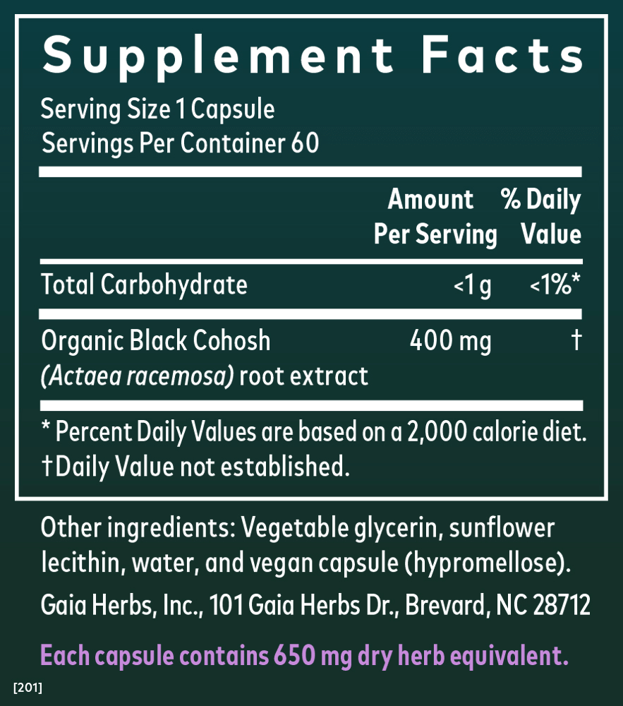 Gaia Herbs Black Cohosh Pills for Women || 60 ct supplement facts