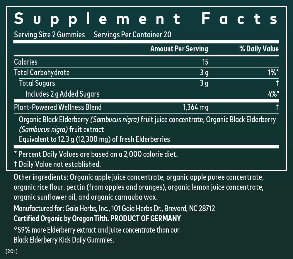 Gaia Herbs Black Elderberry Extra Strength Immune Support Gummies Supplement Facts