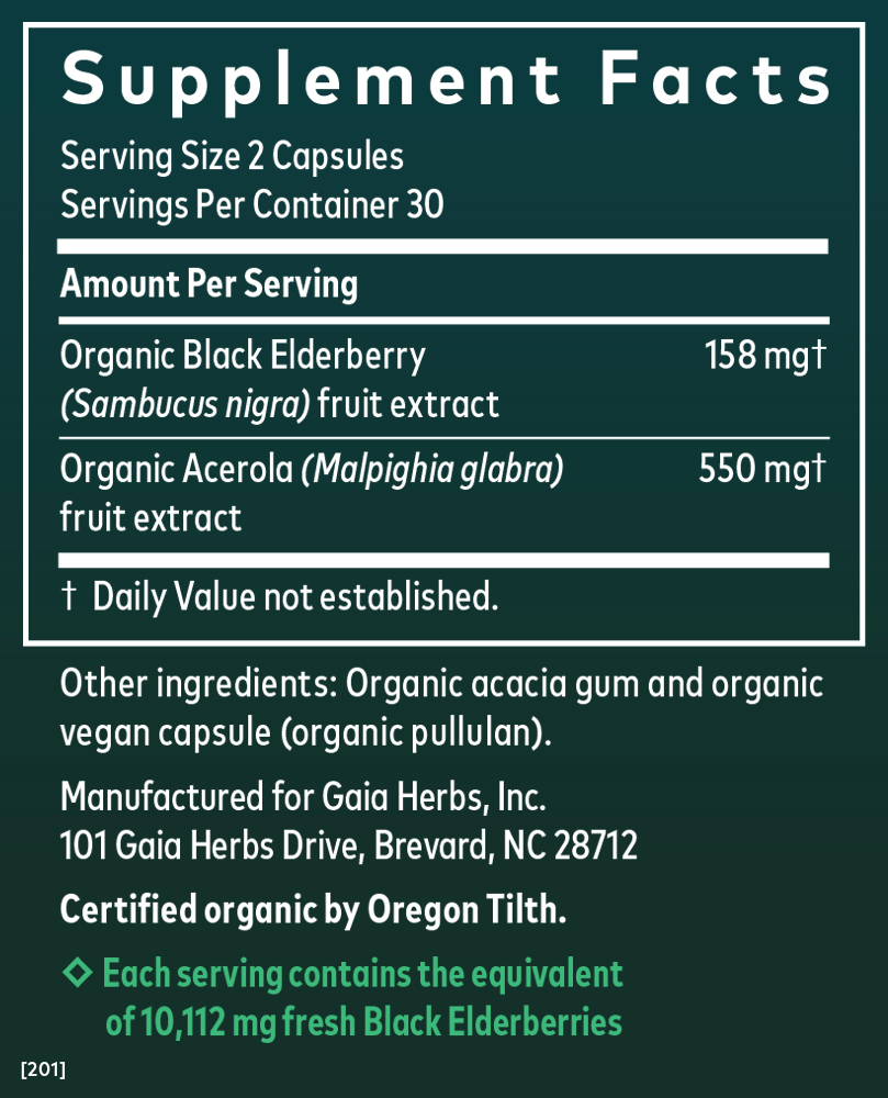 Black Elderberry 60 Count Supplement Facts Panel