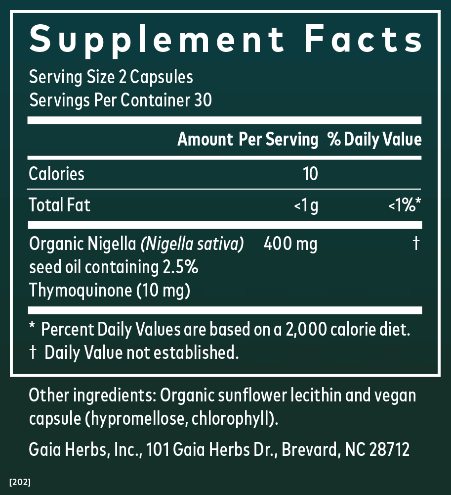 Gaia Herbs Black Seed Oil Supplement Facts Panel