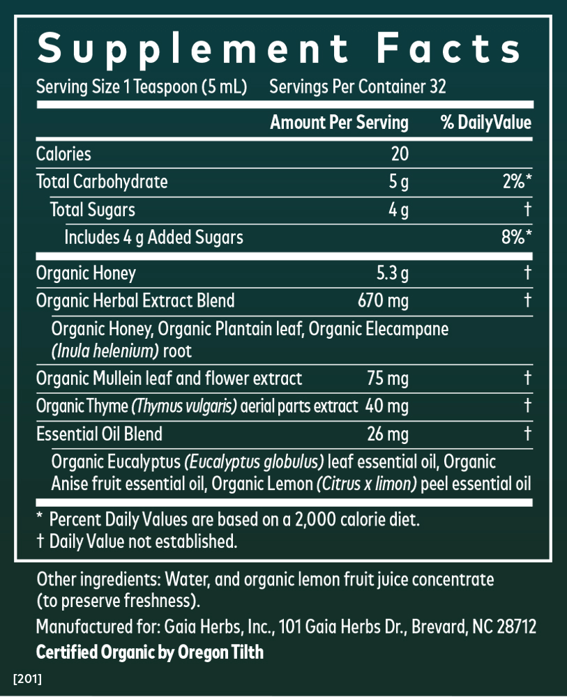 Bronchial Wellness Syrup 5.4 ounce bottle supplement facts panel