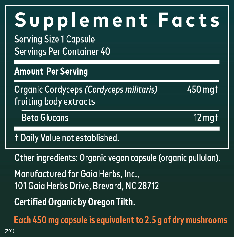 Gaia Herbs Cordyceps Mushroom Vegan Capsules || 40 ct Supplement Facts Panel