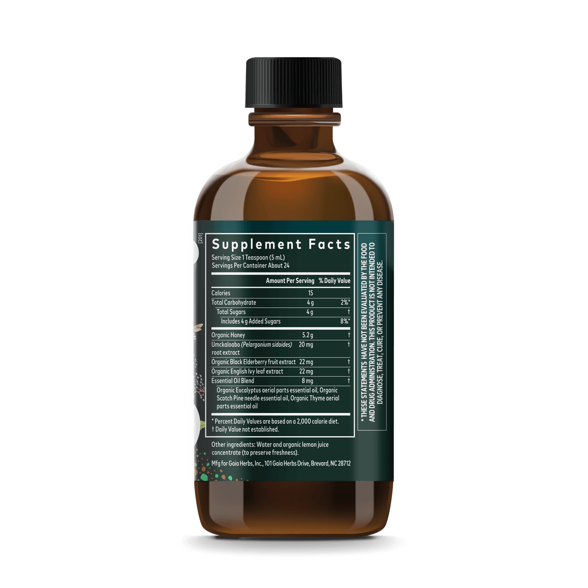 Gaia Herbs Cough Syrup for Immune Support || 4 ounce Supplement Facts Bottle Panel