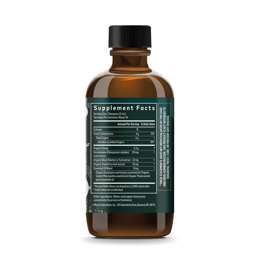 Gaia Herbs Cough Syrup for Immune Support || 4 ounce Supplement Facts Bottle Panel