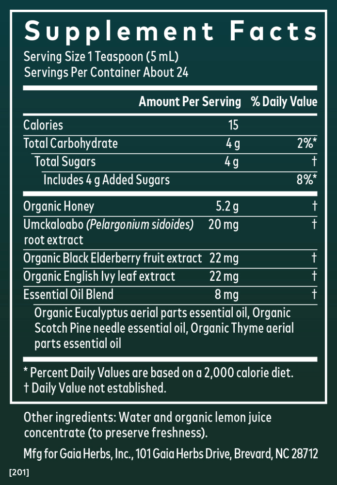 Gaia Herbs Cough Syrup for Immune Support || 4 ounce Supplement Facts Panel