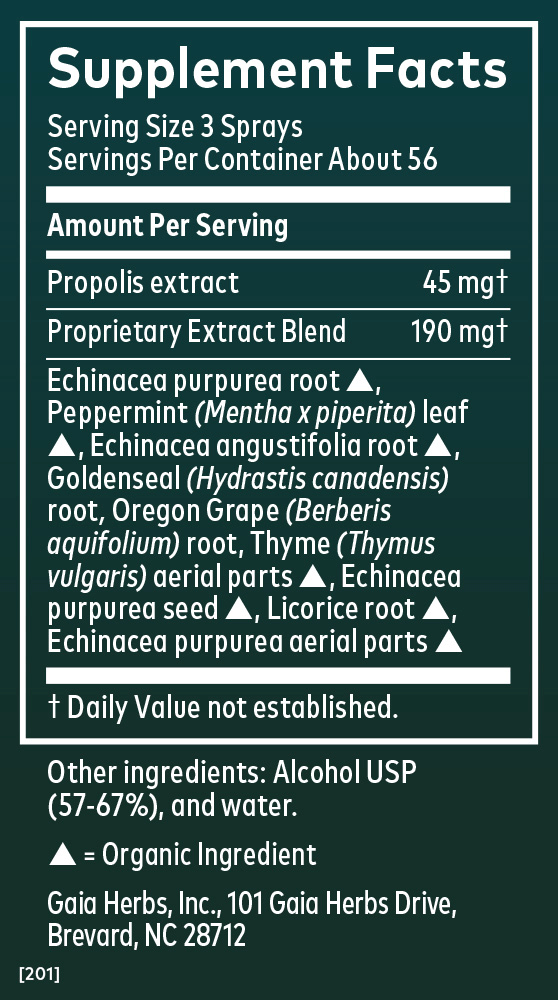 Echinacea Goldenseal Propolis Spray Supplement Facts panel