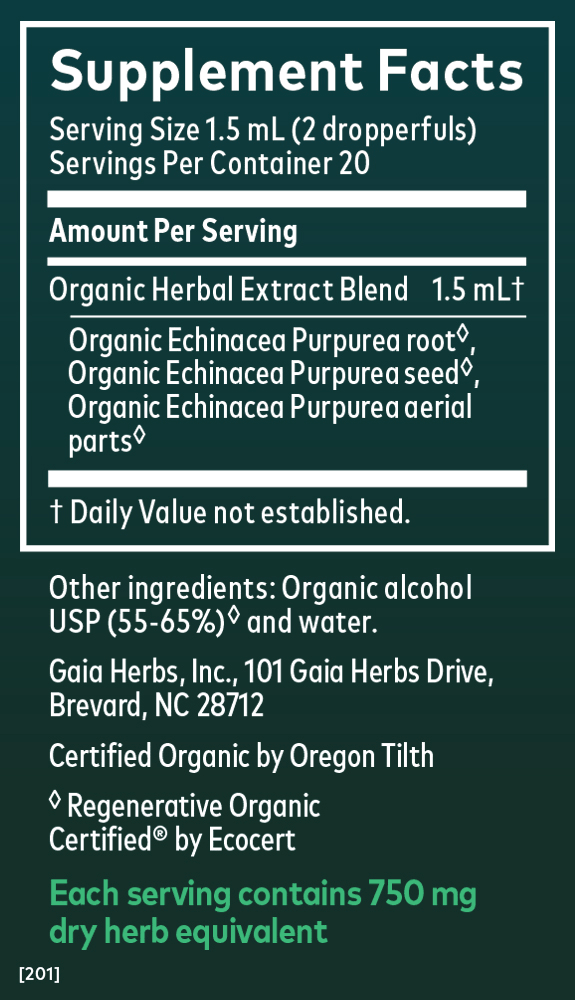 Gaia Herbs Echinacea Supreme Extract, Certified Organic for Immune Support || 1 oz Supplement Facts Panel