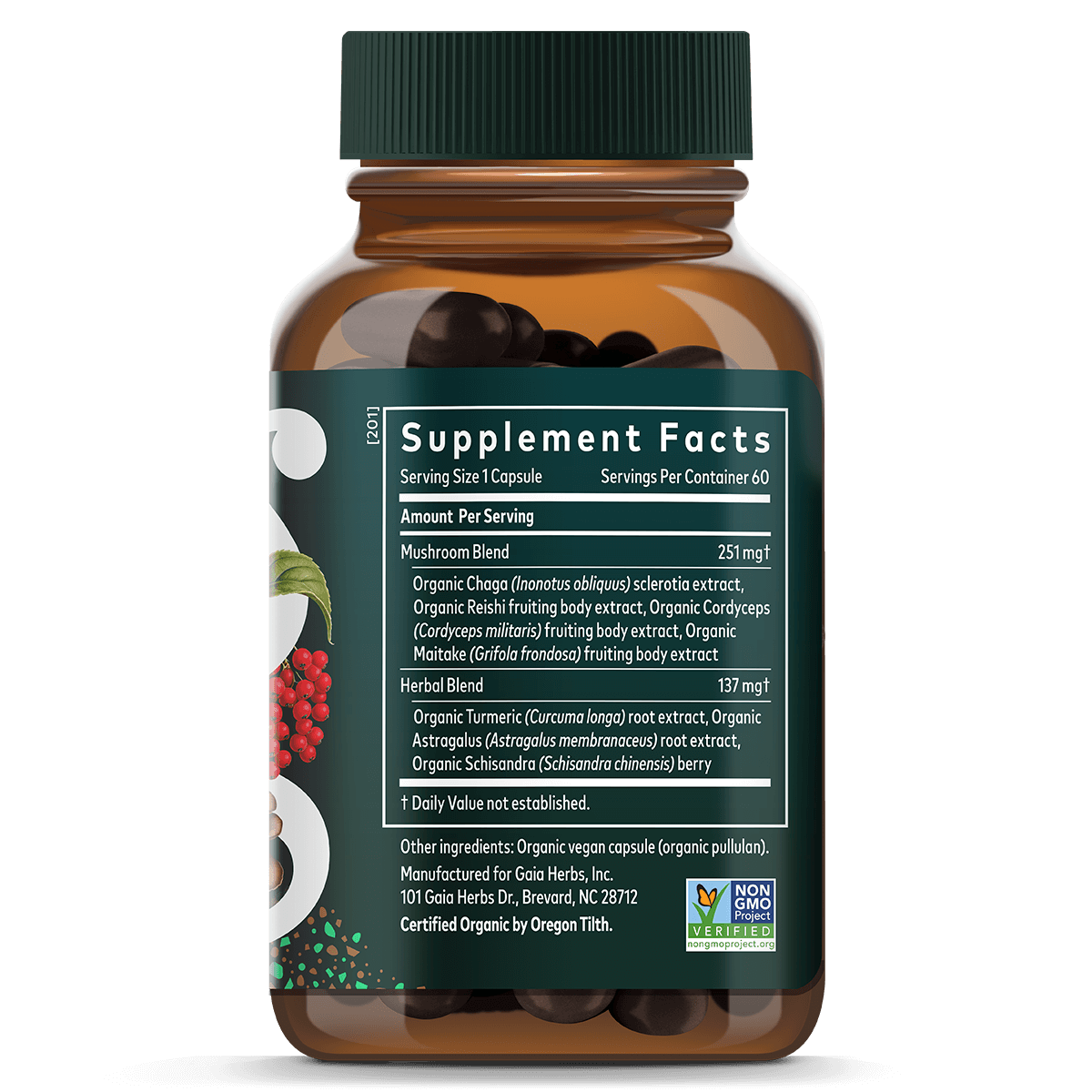 Gaia Herbs Everyday Immune Mushrooms & Herbs || 60 ct Supplement Facts Bottle Panel