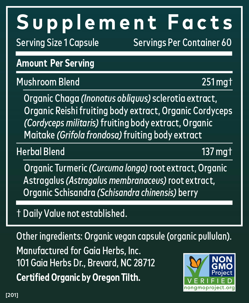 Gaia Herbs Everyday Immune Mushrooms & Herbs || 60 ct Supplement Facts Panel