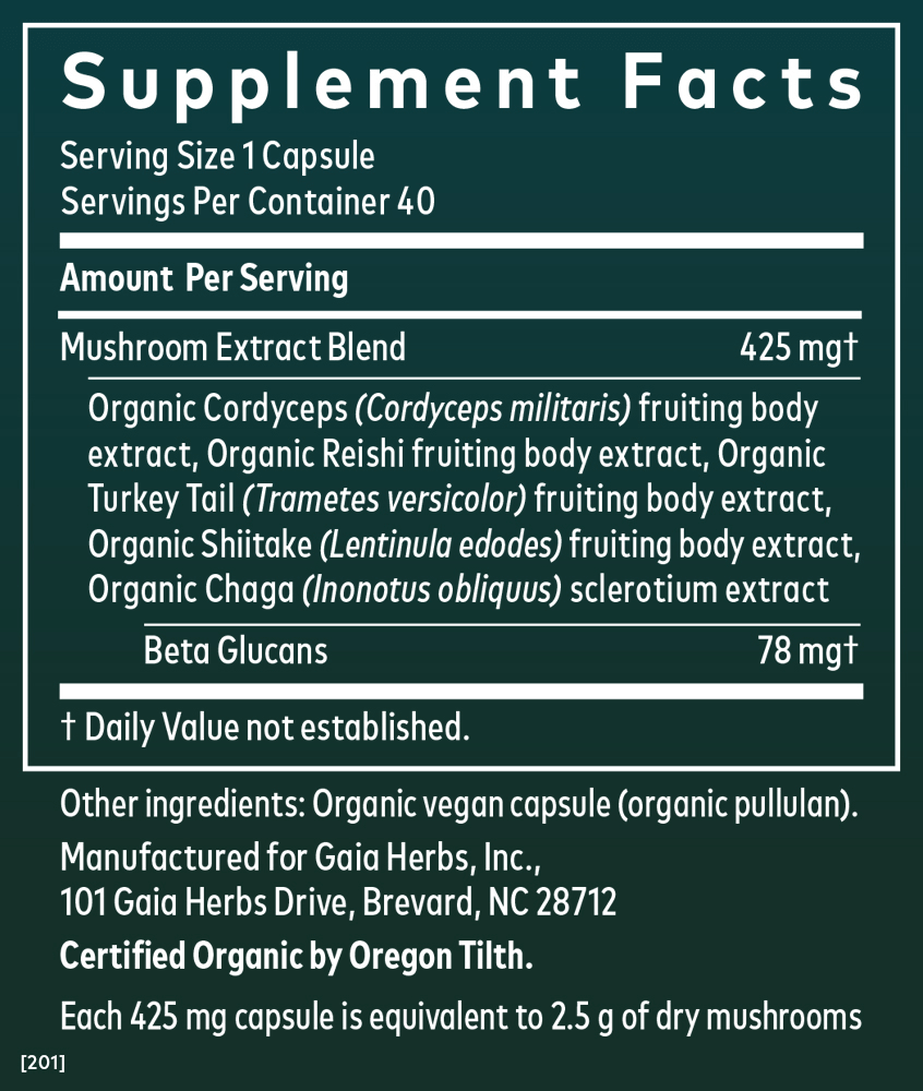 Gaia Herbs Everyday Mushrooms - Formerly - Immune Mushroom Blend || 40 ct Supplement Facts Panel