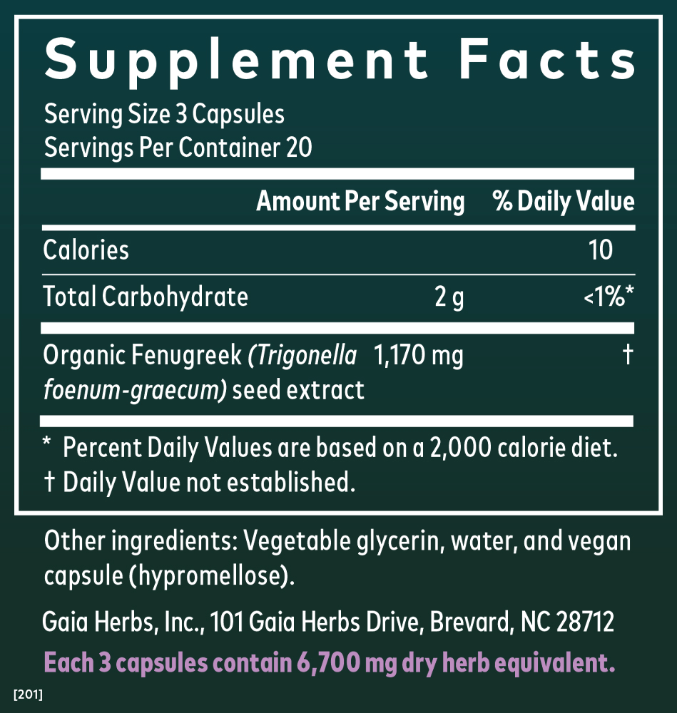 Gaia Herbs Fenugreek Pills for Women || 60 ct Supplement Facts Panel