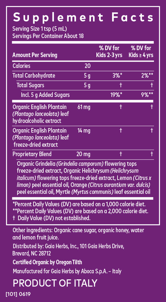 Gaia Herbs Gaia Kids Bronchial Wellness Syrup PKCRC16003 101 0619 SupplementFacts