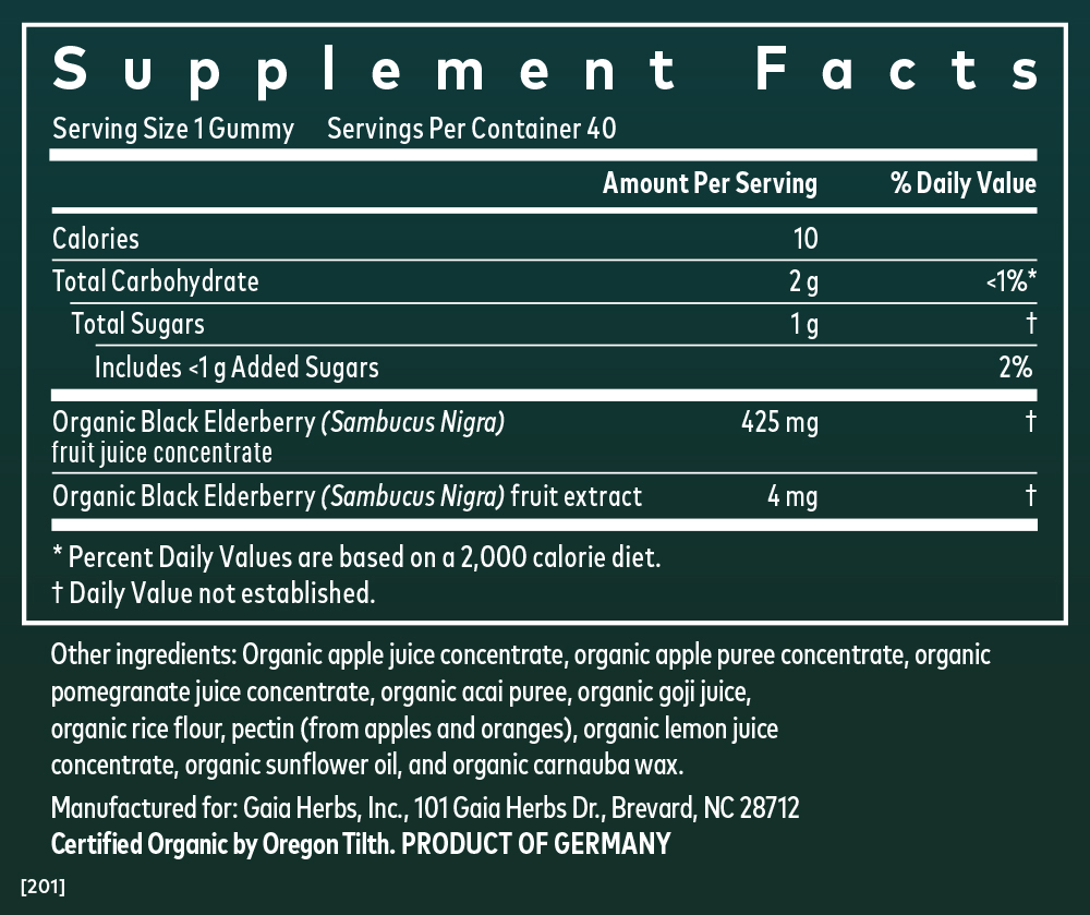 Gaia Kids Black Elderberry Gummies Supplement Facts panel