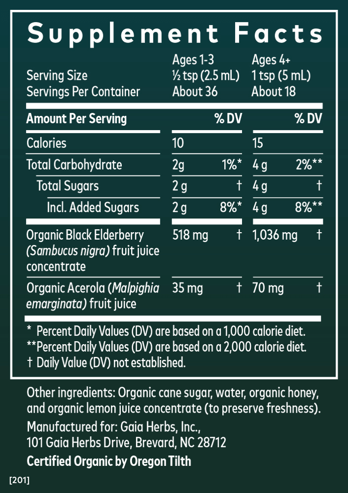 Gaia Herbs GaiaKids Black Elderberry Syrup Supplement Facts Panel