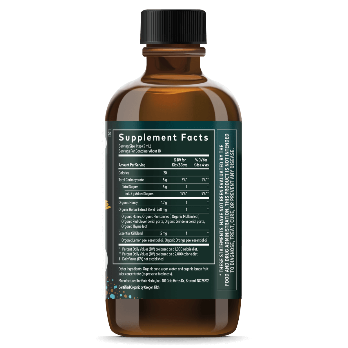 GaiaKids® Bronchial Wellness Syrup for Immune Support || 3 oz Supplement Facts Bottle Panel