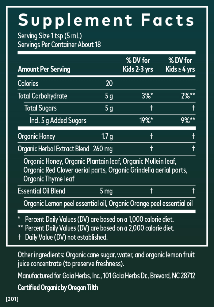 GaiaKids® Bronchial Wellness Syrup for Immune Support || 3 oz Supplement Facts Panel