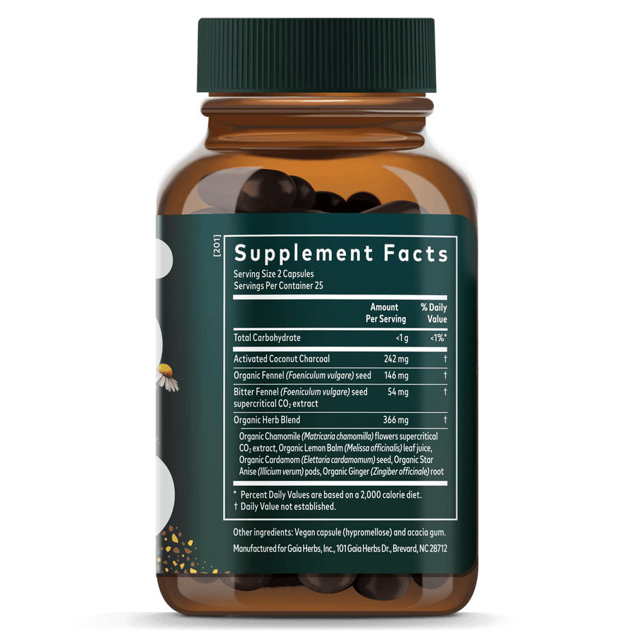 Gaia Herbs Gas &amp; Bloating for Digestive Support || 50 ct Supplement Facts Bottle Panel