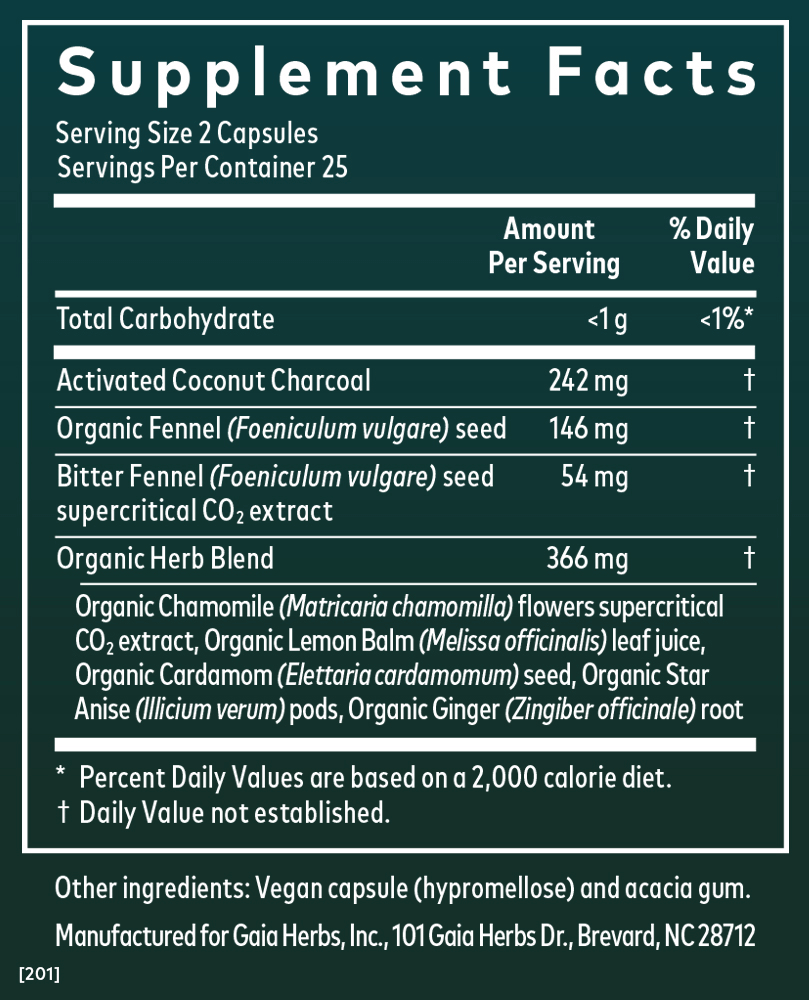 Gaia Herbs Gas & Bloating for Digestive Support || 50 ct Supplement Facts Panel