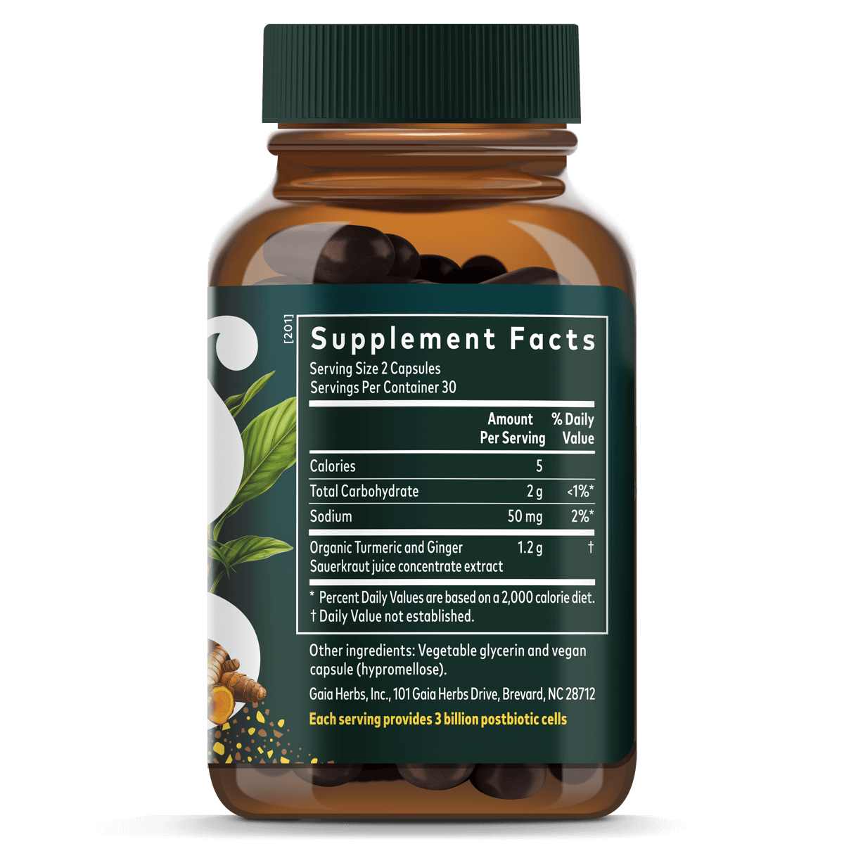 Gaia Herbs Ginger-Turmeric Postbiotic || 60 ct Supplement Facts Bottle Panel