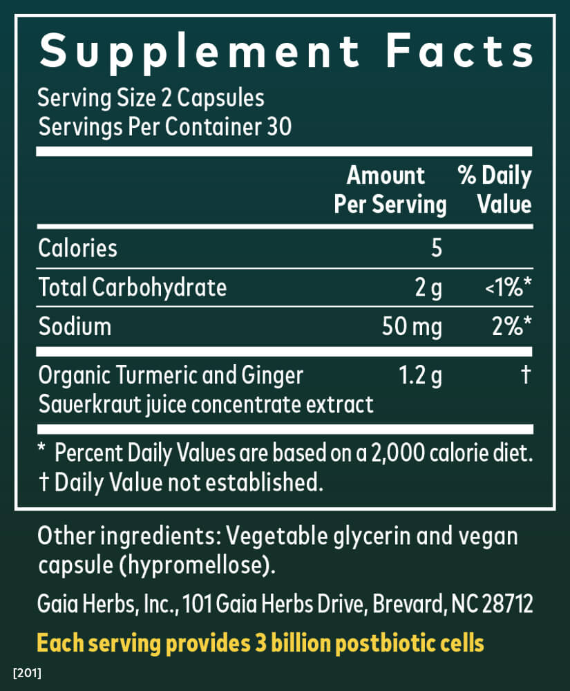 Gaia Herbs Ginger-Turmeric Postbiotic || 60 ct Supplement Facts Panel