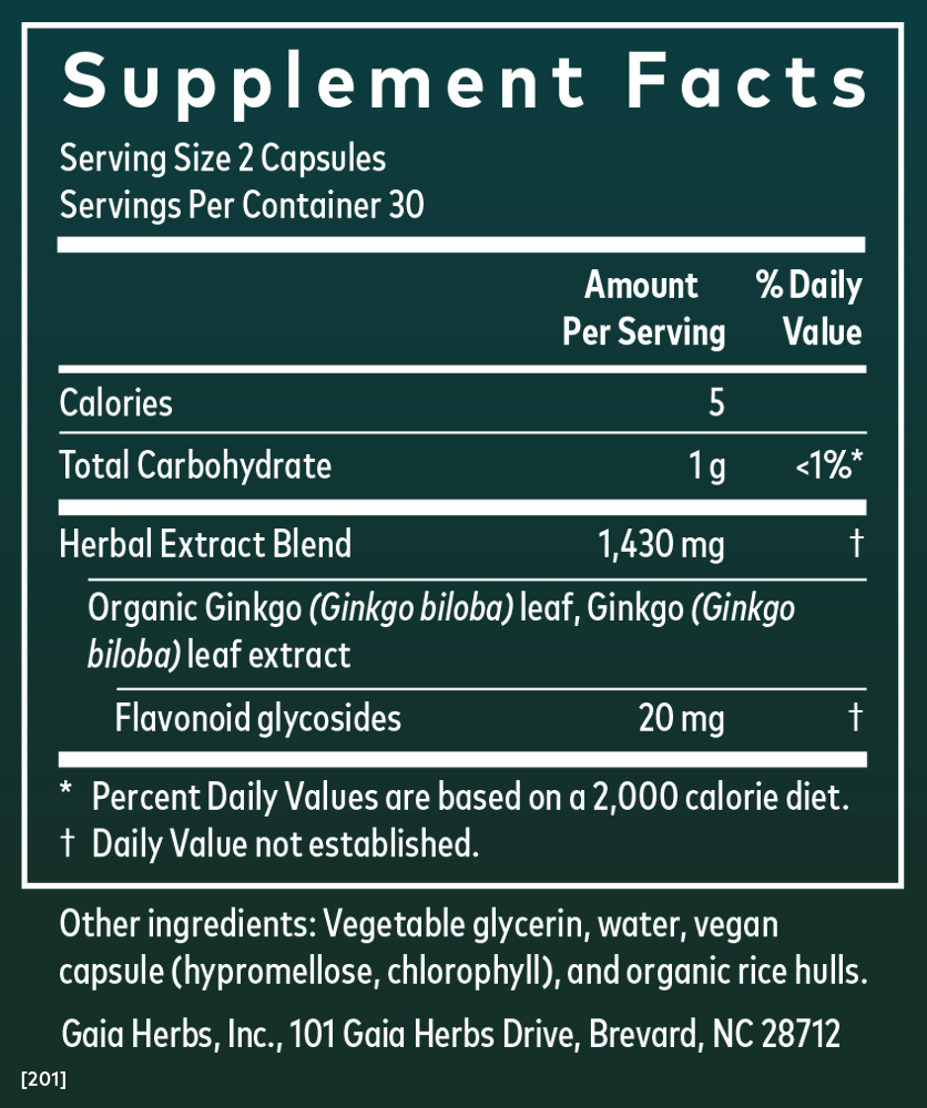 Gaia Herbs Ginkgo Pills for Brain & Cognitive Support || 60 ct Supplement Facts