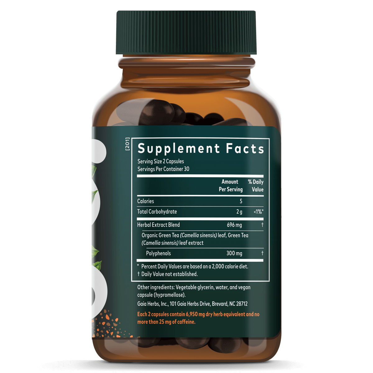 Gaia Herbs Green Tea Pills for Energy Support || 60 ct Supplement Facts Bottle Panel
