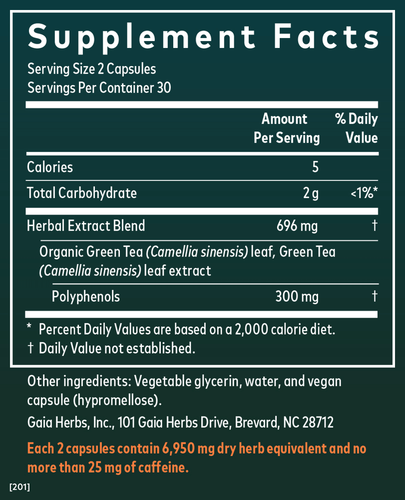 Gaia Herbs Green Tea Pills for Energy Support || 60 ct Supplement Facts Panel