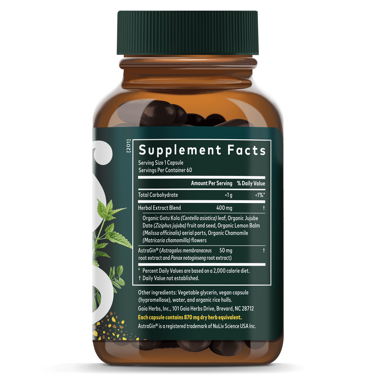 Gaia Herbs Gut Revival || 60 ct Supplement Facts Bottle Panel