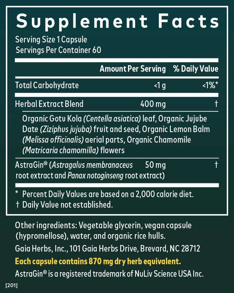 Gaia Herbs Gut Revival || 60 ct Supplement Facts Panel