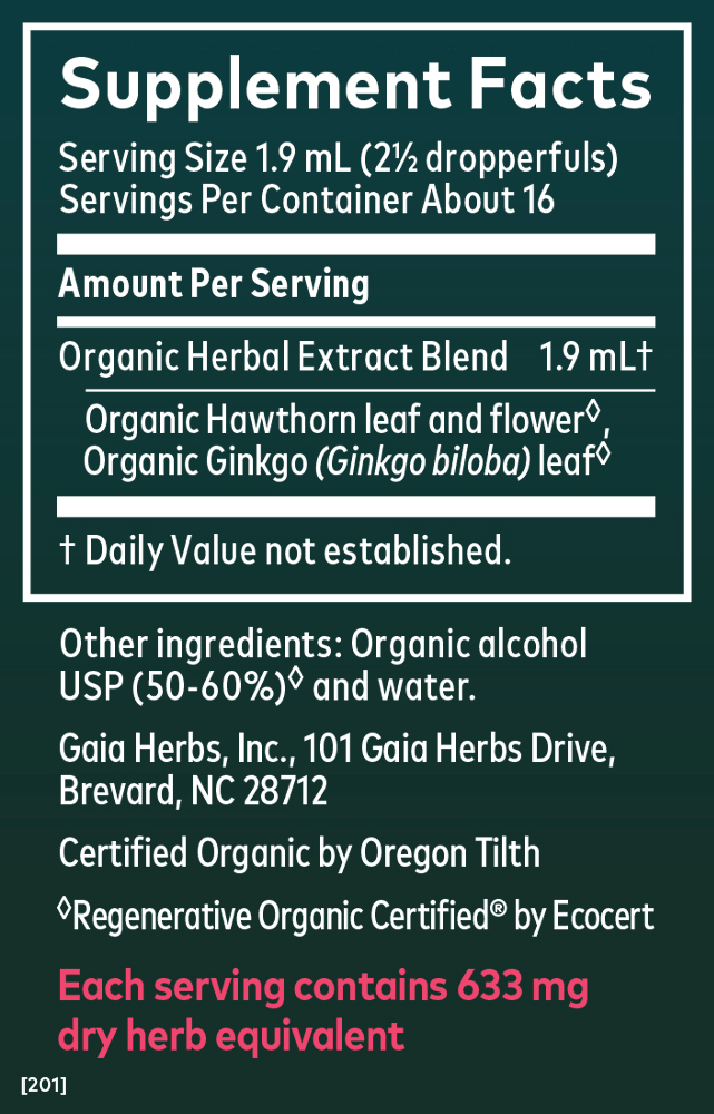 Gaia Herbs Hawthorn & Ginkgo Extract, Certified Organic for Heart Support || 1 oz Supplement Facts Panel