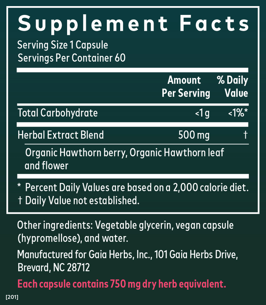 Gaia Herbs Hawthorn Supreme for Heart Support || 60 ct Supplement Facts Panel
