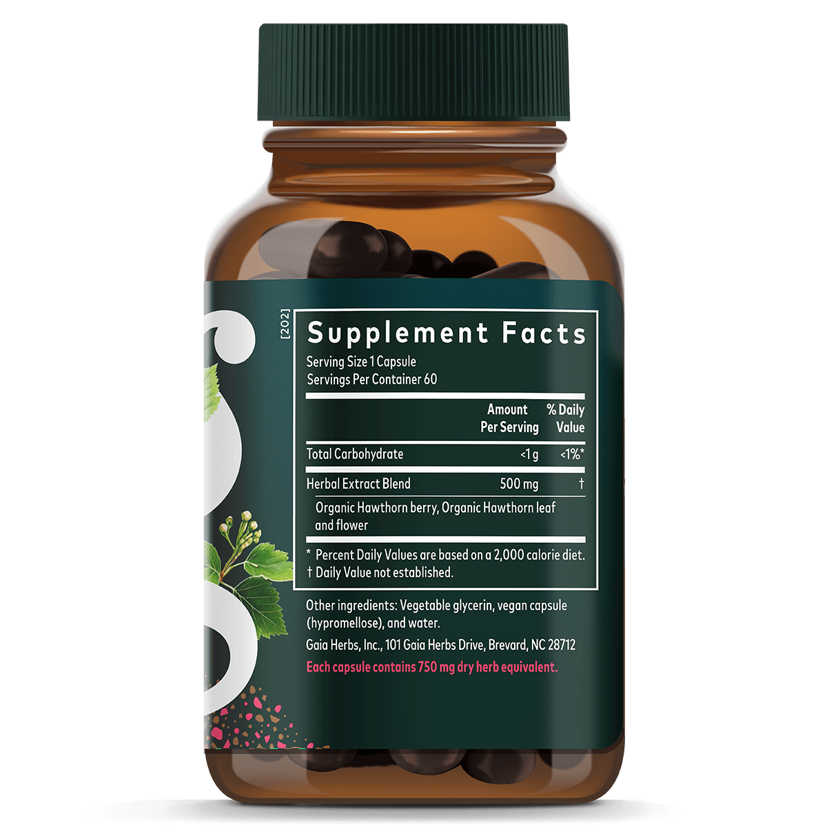 Gaia Herbs Hawthorn Supreme for Heart Support || 60 ct Supplement Facts Bottle Panel