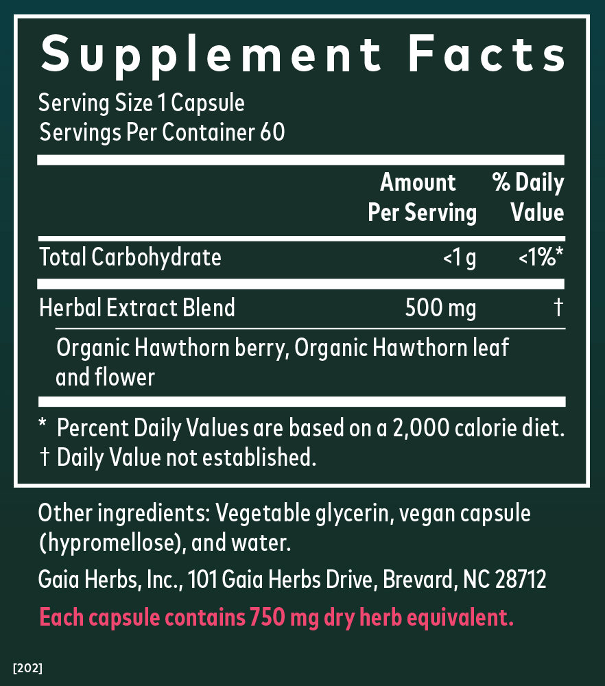 Gaia Herbs Hawthorn Supreme for Heart Support || 60 ct Supplement Facts Panel