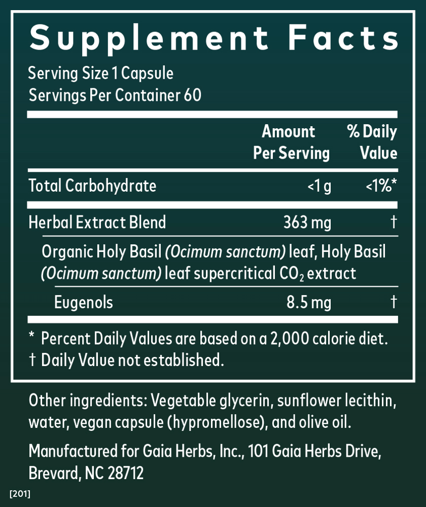 Gaia Herbs Holy Basil Capsules for Stress Support || 60 ct Supplement Facts Panel